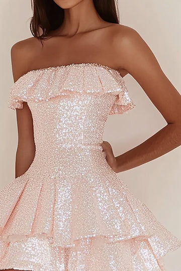 Sparkly Strapless Pink Sequin A Line Short Graduation Dress